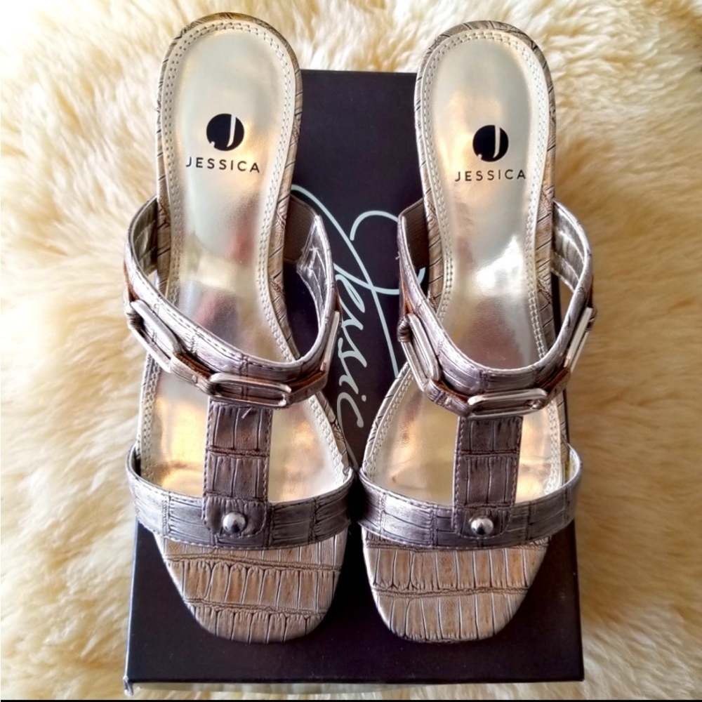 VINTAGE Jessica Dawson Gold Faux Snakeskin Sandal Heels 8